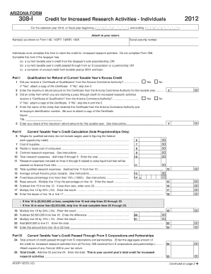 Arizona Form 308-I Credit for Increased Research Activities