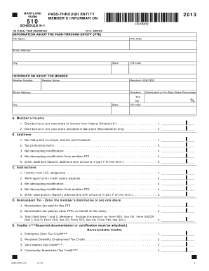 Maryland Pass-Through Entity Form 510 Schedule K-1