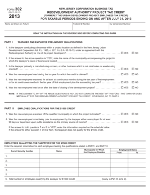 New Jersey Redevelopment Authority Project Tax Credit Form