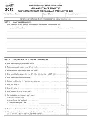 New Jersey HMO Assistance Fund Tax Credit Form