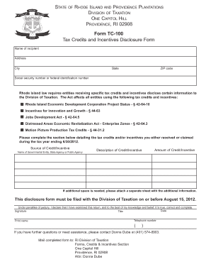 Rhode Island Tax Credits Disclosure Form
