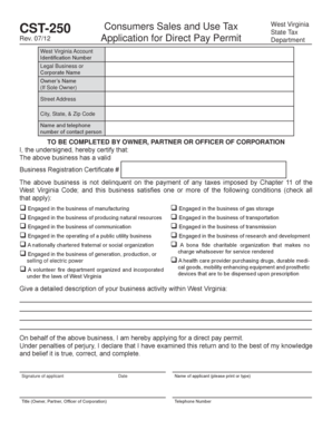 West Virginia CST-250 Direct Pay Permit Application