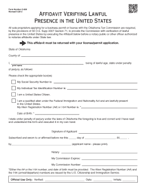 Affidavit Verifying Lawful Presence in the United States