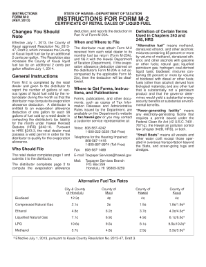 Hawaii Form M-2 Certificate of Retail Sales of Liquid Fuel