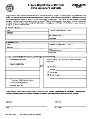 Arizona Prime Contractor’s Certificate 5005