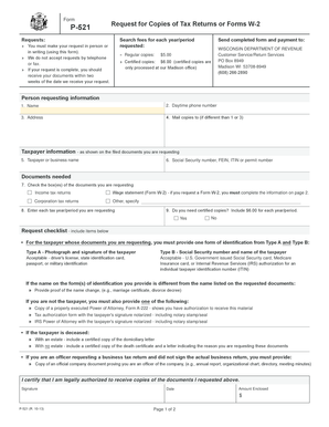 Wisconsin P-521 Request for Copies of Tax Returns or Forms W-2