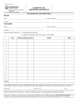 Pennsylvania Cigarette Tax Exemption Certificate