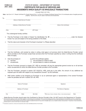 Hawaii Sales Services and Amusements Certificate