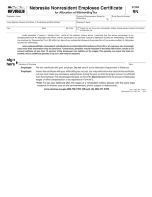 Nebraska Nonresident Employee Certificate Form 9N