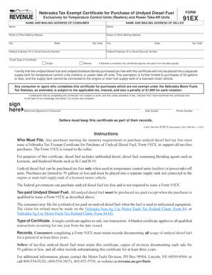 Nebraska Tax Exempt Certificate for Undyed Diesel Fuel