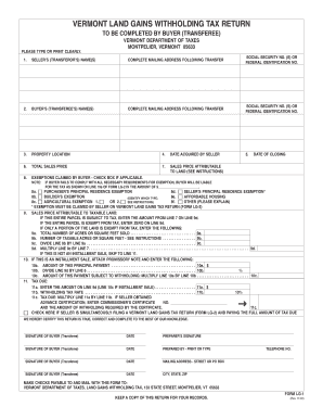 Vermont Land Gains Withholding Tax Return