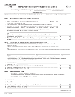 Arizona Form 343 Renewable Energy Production Tax Credit 2012