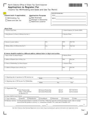North Dakota Income Tax Withholding and Sales Tax Permit Application