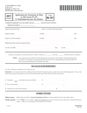 Vermont Individual Income Tax Extension Form
