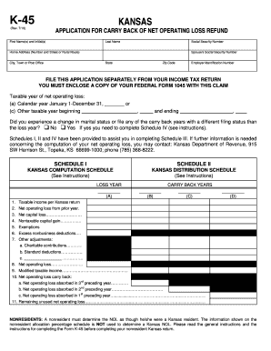 Kansas Application for Carry Back of Net Operating Loss Refund
