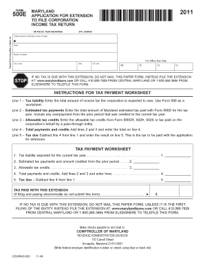 Maryland Corporation Income Tax Return Extension Form 500E