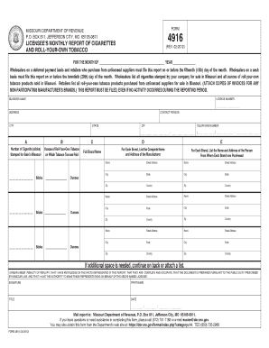 Missouri Form 4916 - Licensee's Monthly Report of Cigarettes and Roll-Your-Own Tobacco