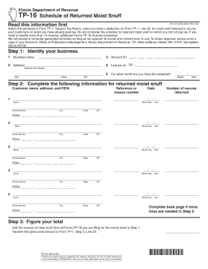 Illinois TP-16 Schedule of Returned Moist Snuff