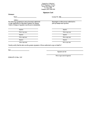 Maryland Cigarette Tax Stamp Signature Card