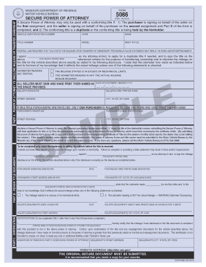 5086. Secure Power of Attorney-The Missouri Auto Dealers Association (MADA) offers a multi-part version of this form. Refer to the Additional Motor Vehicle Form Information page for more details.