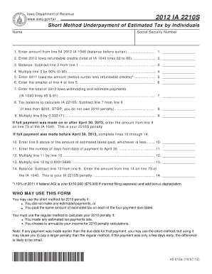 Iowa 2210S Short Method Underpayment of Estimated Tax