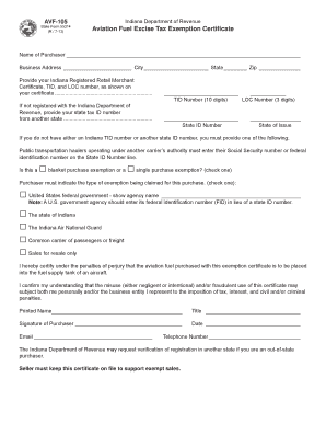 Indiana Aviation Fuel Excise Tax Exemption Certificate