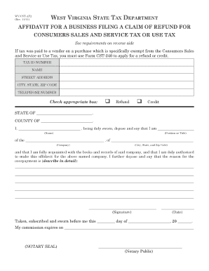 West Virginia Business Tax Refund Affidavit