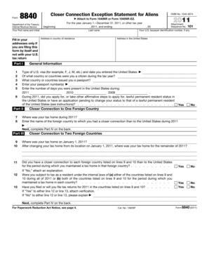 IRS Form 8840 Closer Connection Exception Statement