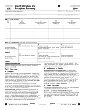 California Form 3540 Credit Carryover and Recapture Summary