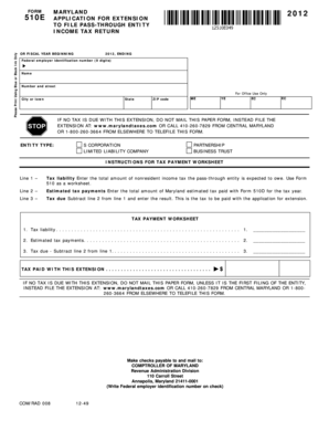 Maryland Pass-Through Entity Income Tax Extension Form 510E