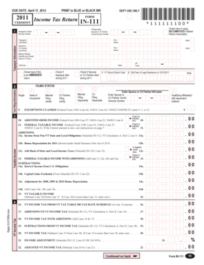 Vermont 2011 Income Tax Return Form IN-111
