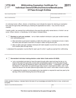 Idaho Pass-Through Entity Withholding Exemption Certificate