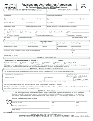 Nebraska Payment and Authorization Agreement for EFT of Tax Payments