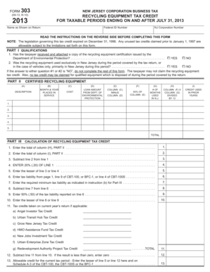New Jersey Corporation Recycling Equipment Tax Credit Form 303