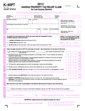 Kansas Property Tax Relief Claim Form K-40PT