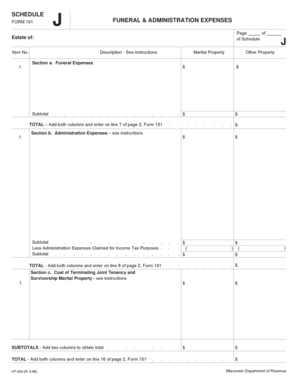 Wisconsin Form 101 Schedule J Funeral & Administration Expenses