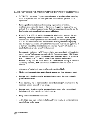 CACFP Fact Sheet for Independent Institutions