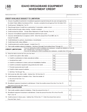 Idaho Broadband Equipment Investment Credit Form 68