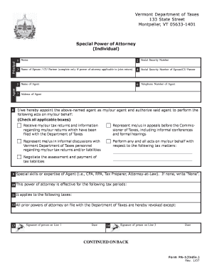 Vermont Special Power of Attorney (Individual)