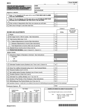 2013 Delaware Non-Resident Withholding Form W-4NR