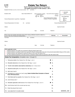 North Carolina Estate Tax Return Form A-101