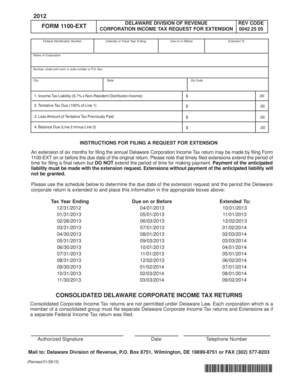Delaware Corporation Income Tax Extension Form 1100-EXT