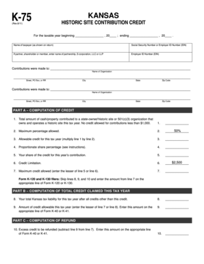 Kansas Historic Site Contribution Credit Form K-75