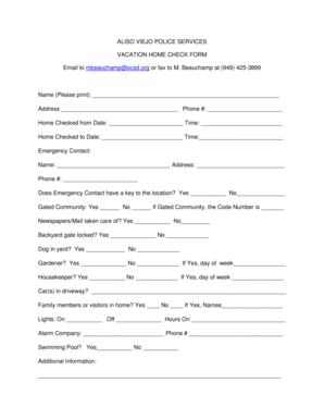 Aliso Viejo Vacation Home Check Form