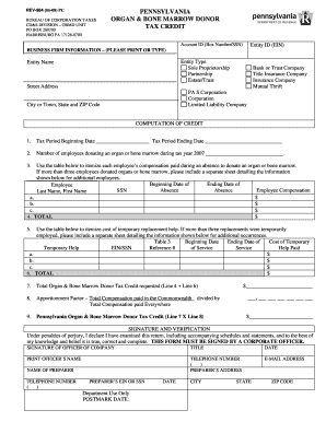 Pennsylvania Organ & Bone Marrow Donor Tax Credit Form