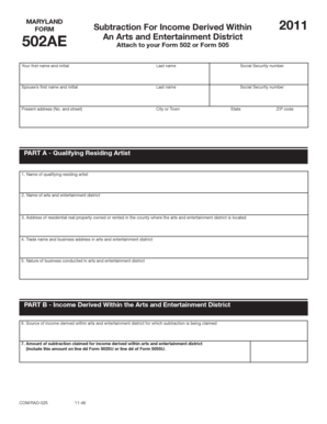 Maryland Form 502AE Arts and Entertainment District Income Subtraction