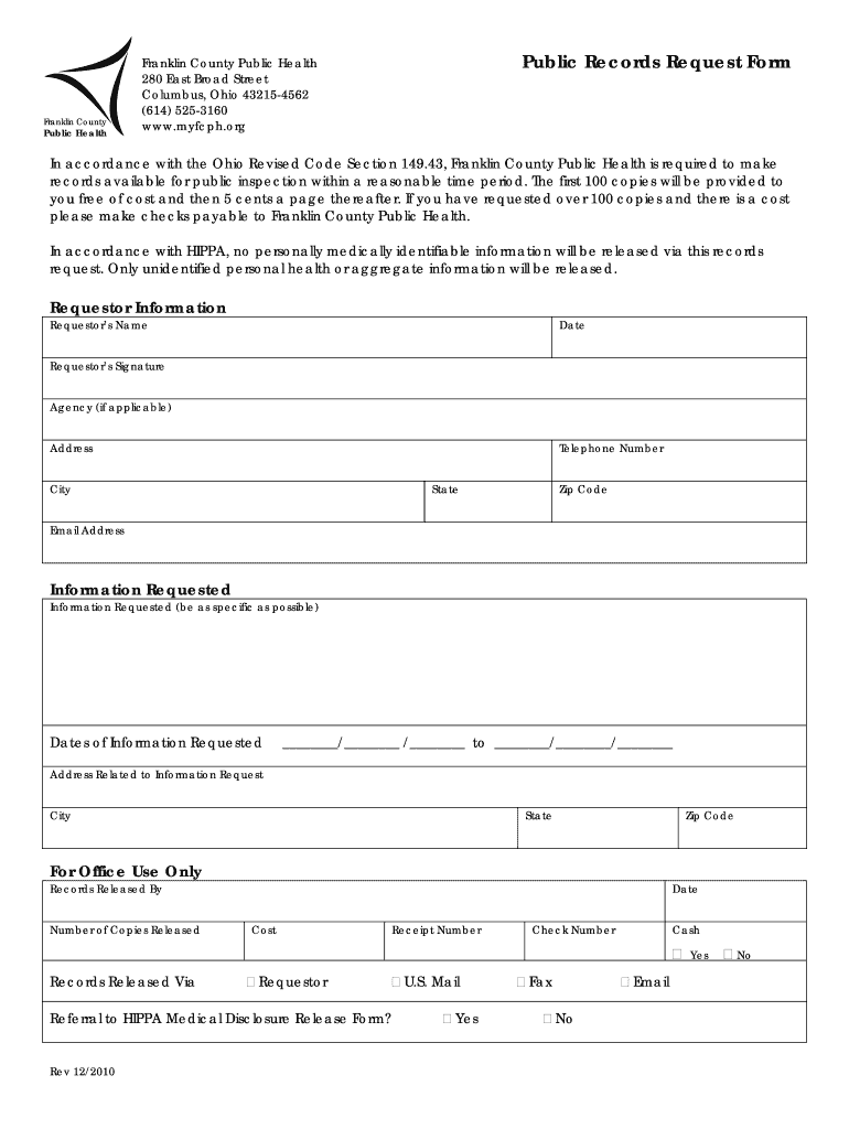 Fillable Online myfcph Public Records Request Form Franklin County