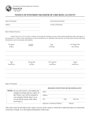 Indiana Notice of Intended Transfer of Checking Account