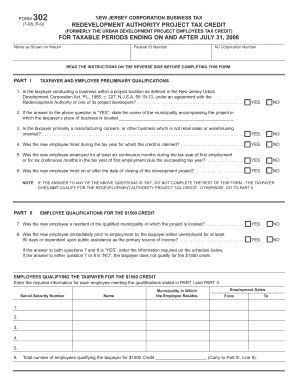 New Jersey Redevelopment Authority Project Tax Credit Form