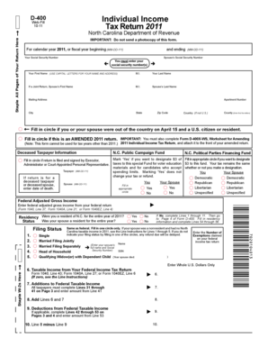 North Carolina D-400 Individual Income Tax Return 2011